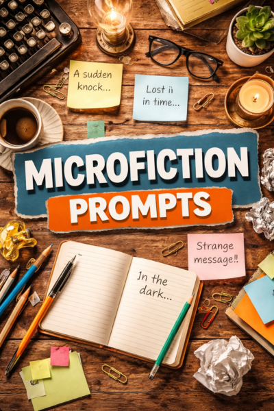 Microfiction prompts displayed as short story ideas on paper notes