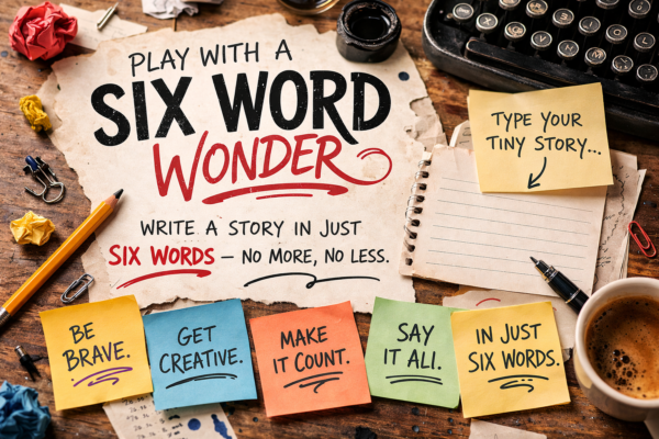 Playful writing scene with a vintage typewriter, coffee, and colourful sticky notes promoting the Six Word Wonder challenge to tell a story in exactly six words