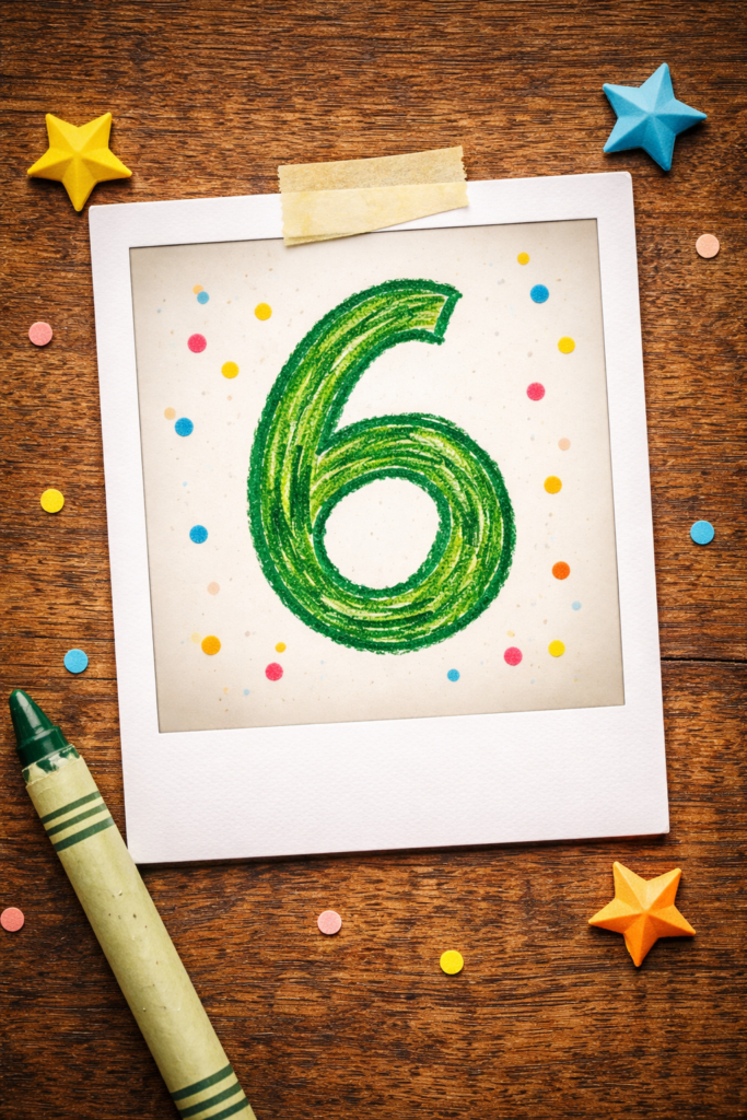 Polaroid style image of the number 6 for a 6 word fiction page